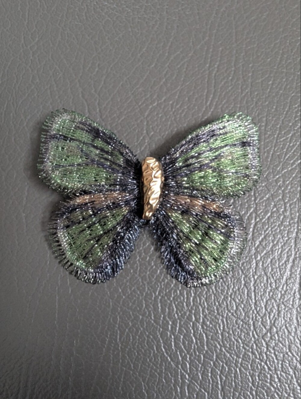 Vintage Embroidered Handcrafted Green and Black Butterfly Brooch Pin